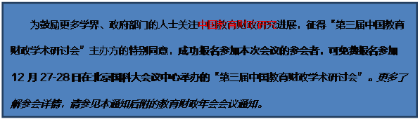 文本框: 为鼓励更多学界、政府部门的人士关注中国教育财政研究进展，征得“第三届中国教育财政学术研讨会”主办方的特别同意，成功报名参加本次会议的参会者，可免费报名参加12月27-28日在北京国科大会议中心举办的“第三届中国教育财政学术研讨会”。更多了解参会详情，请参见本通知后附的教育财政年会会议通知。